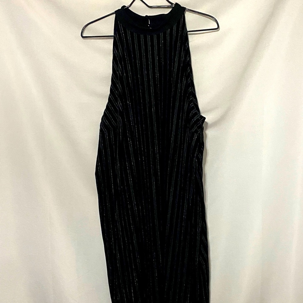 J. JILL WEAREVER BLACK VELVET METALLIC GOLD STRIPES‎ HALTER DRESS SIZE 18/20 EUC